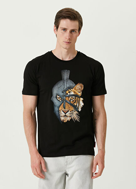 Siyah Sıfır Yaka Aslan Baskılı T-shirt