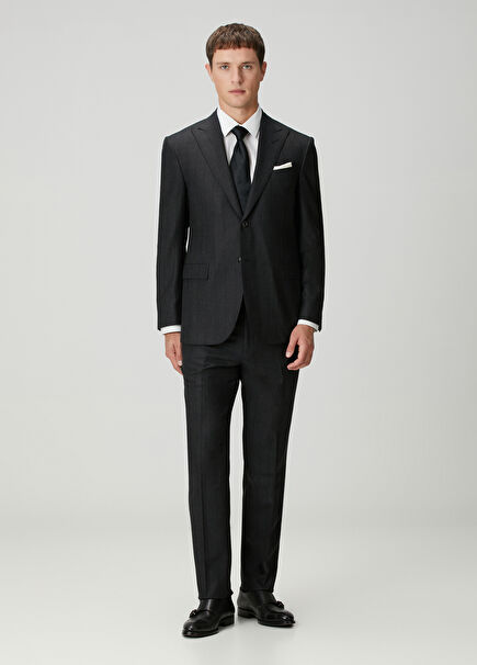 Antrasit Çizgi Desenli Yün Takım Elbise