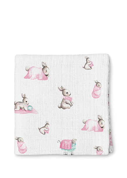 %100 Pamuk Bébé Lapin Rose Müslin Bebek Örtüsü 100x100 cm