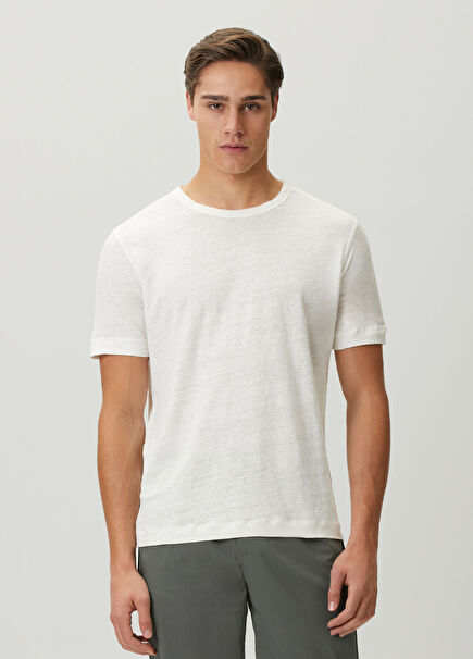 Regular Fit Roman Bej Keten T-shirt