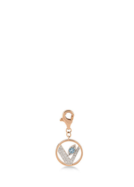 Mini “V” Harfli Charm Pırlanta Mavi Topaz Taşlı 14 Ayar Pembe Altın