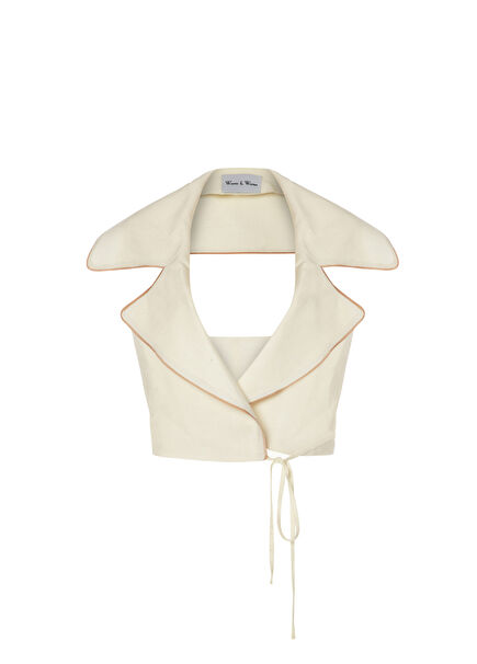 Marine Piping Detailed Sleeveless Wrap Cream Women Blouse