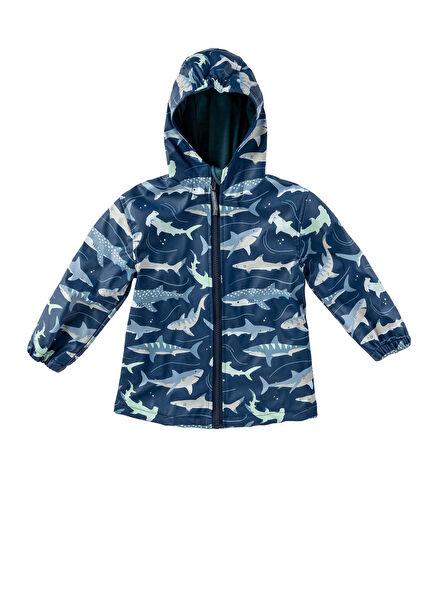 Köpek Balığı Desenli Kapüşonlu Astarlı Poliüretan Erkek Çocuk Yağmurluk 