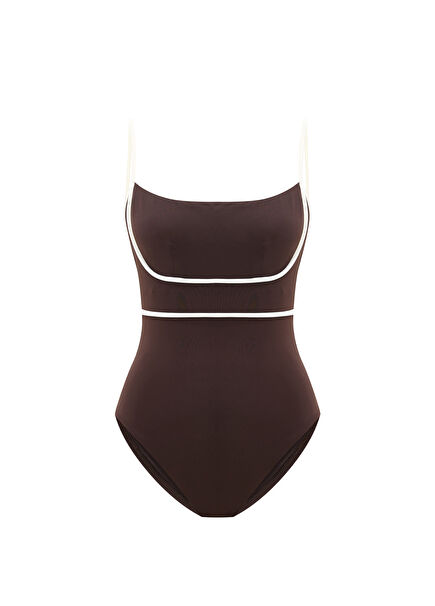 Calyma Brunette Brown Stripe Piping Strappy Women's Swimsuit