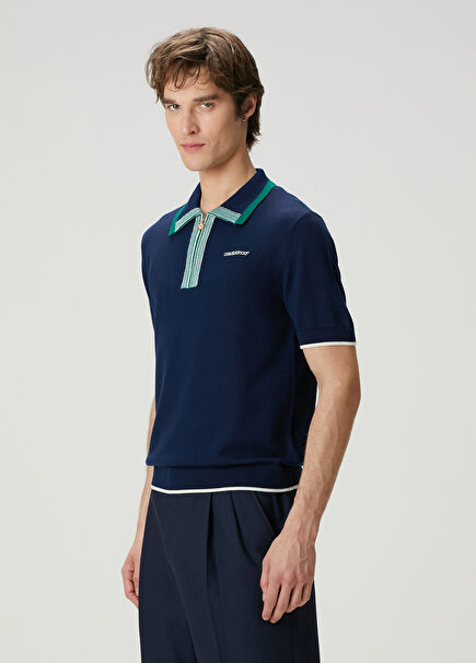 Navy Blue Short Sleeve Merino Polo Sweater