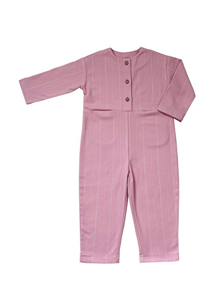Pembe Çizgili Düğmeli Uzun Kollu Kız Çocuk Tulum