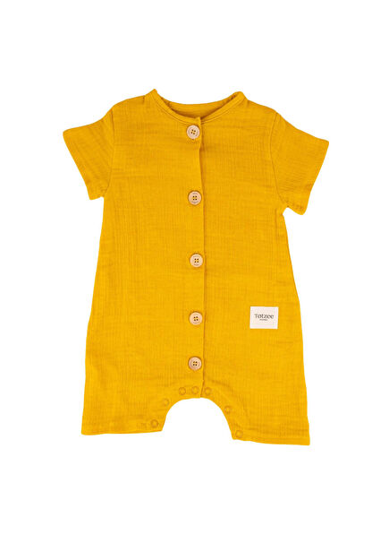 Sonbahar Sarısı Müslin Düğmeli Unisex Bebek Tulum 