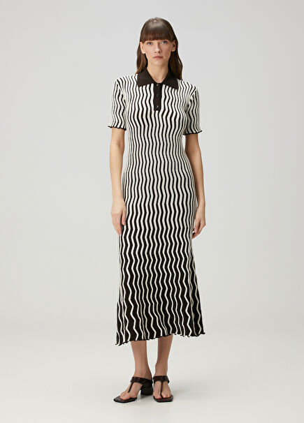 Brown Patterned Midi Wool Polo Dress