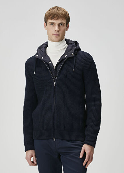Navy Blue Hooded Wool Knit Cardigan
