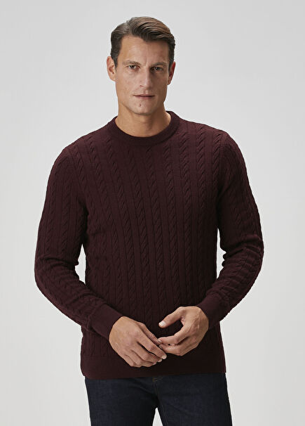 Bordo Saç Örgü Dokulu Yün Kazak