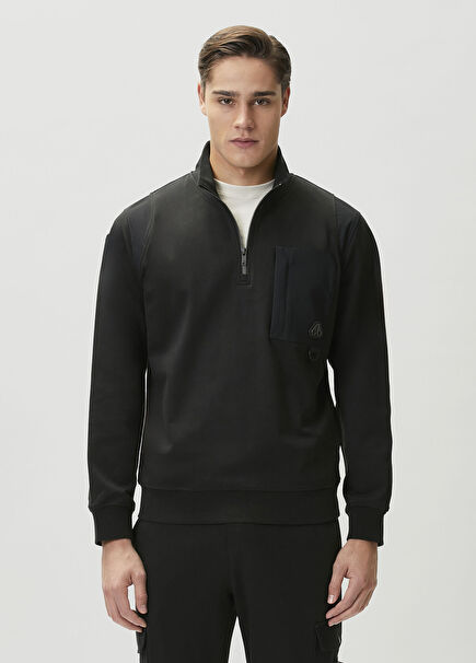 Siyah Yakası Fermuarlı Sweatshirt