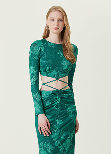 Yeşil Bisiklet Yaka Çiçekli Crop Bluz