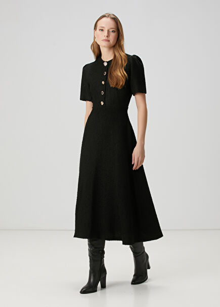 Black Gold Button Detailed Midi Tweed Dress