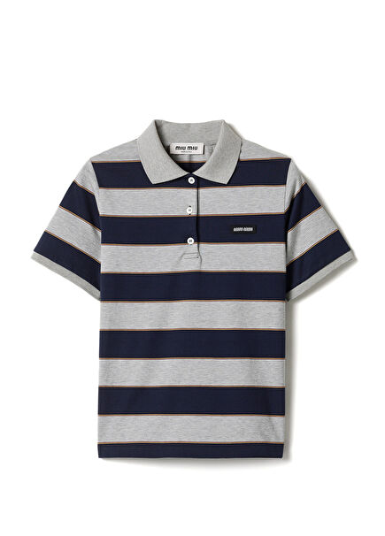 Blue Striped Jersey Polo Collar Short Sleeve Women's T-shirt