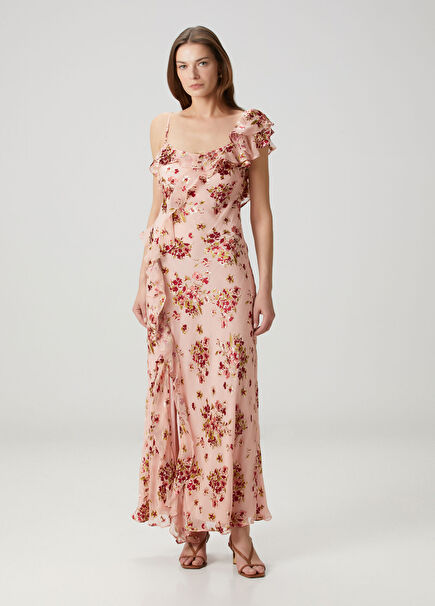 Ester Pembe Çiçekli Maksi Elbise