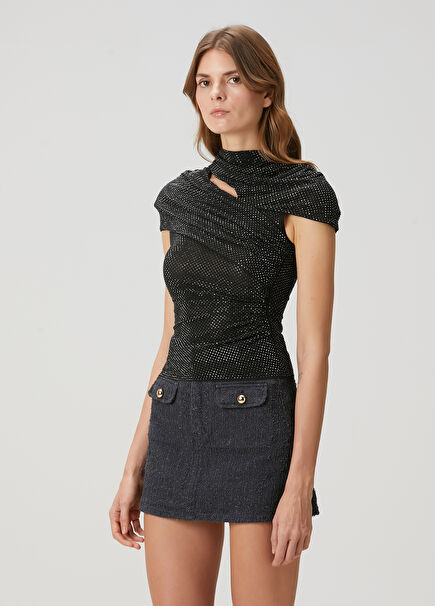 Black Embellished Draped Blouse