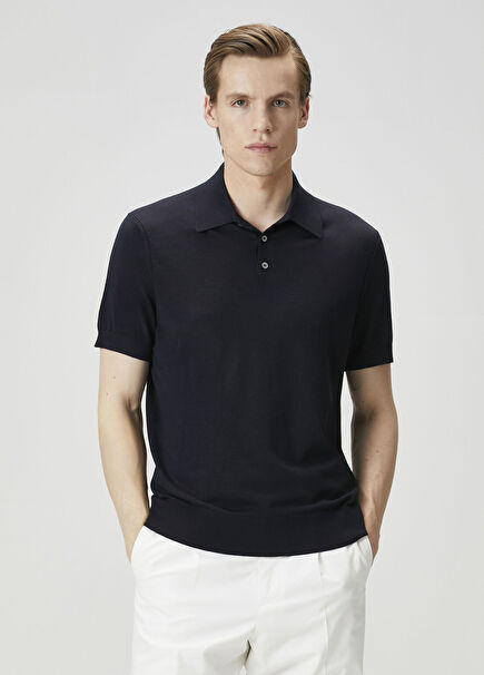 Lacivert Polo Yaka Kısa Kollu Yün Triko