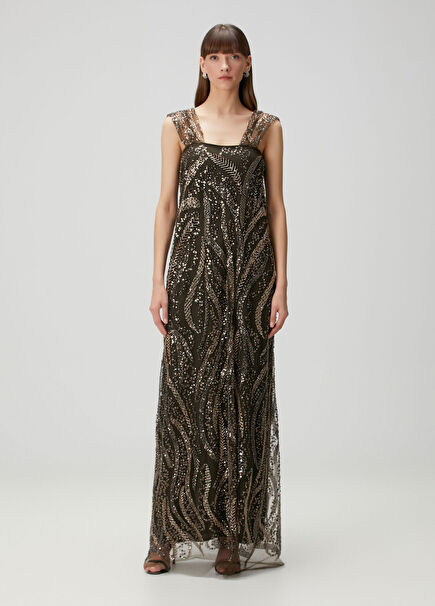 Haki Payetli Maksi Elbise