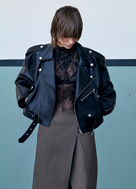 Black Cropped Biker Leather Coat