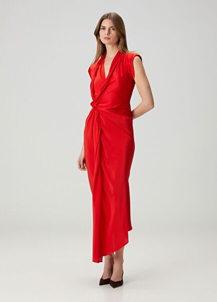 Kırmızı Drapeli Midi İpek Kokteyl Elbise