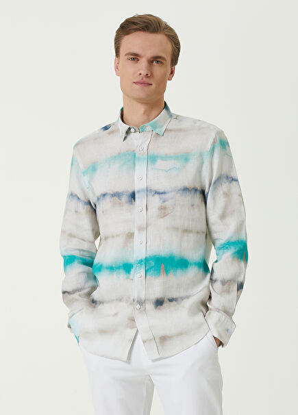 Comfort Fit Turkuaz Batik Desenli Keten Gömlek