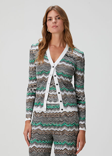 Yeşil Beyaz Zikzak Desenli Hırka