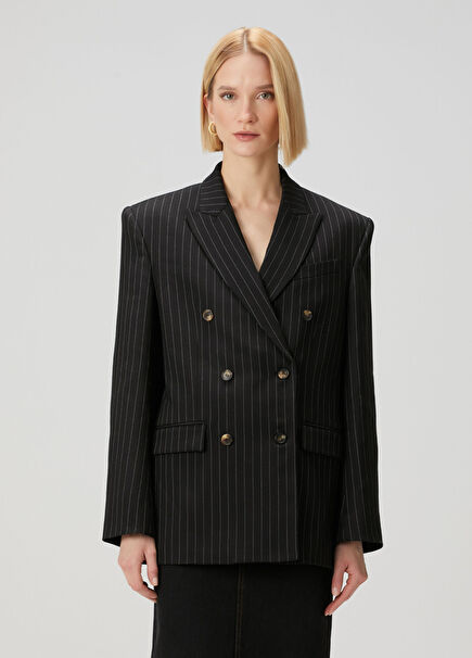 Black Striped Double-Breasted Wool Jacket