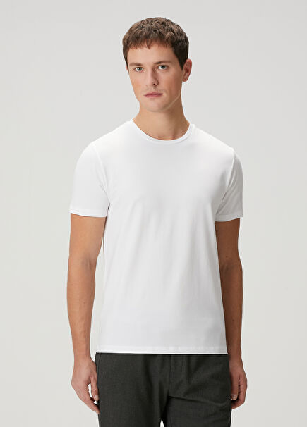 White Logo Detailed Basic T-shirt