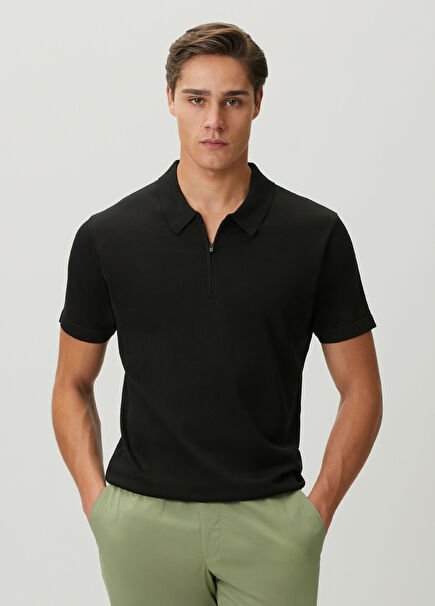 Custom Fit Devon Siyah Polo Yaka Kısa Kollu Triko