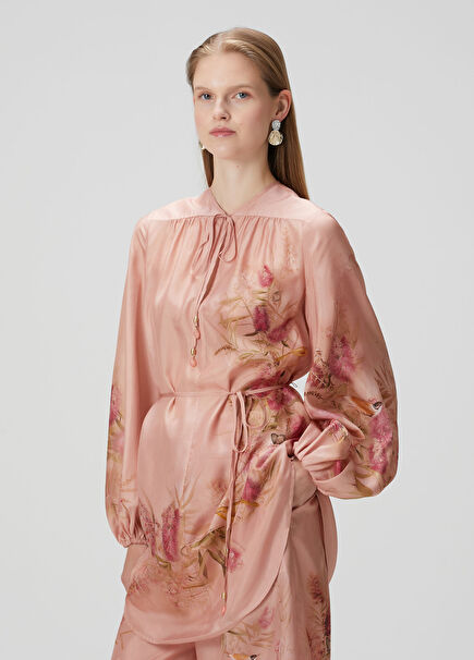 Cascadian Pembe Çiçekli İpek Tunik