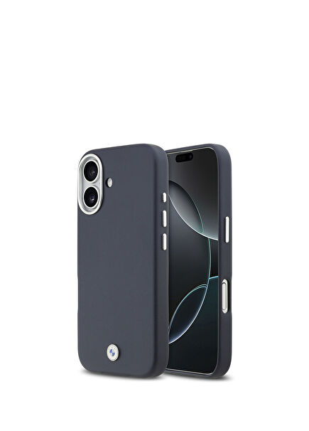 iPhone 17 Metal Logo Leather Navy Blue Magsafe Compatible Phone Case