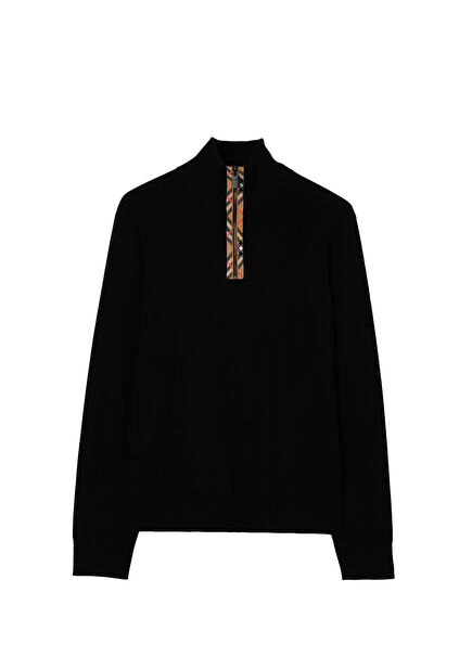 Check Trim Wool Half-Zip Siyah Yarım Fermuarlı Erkek Triko Kazak
