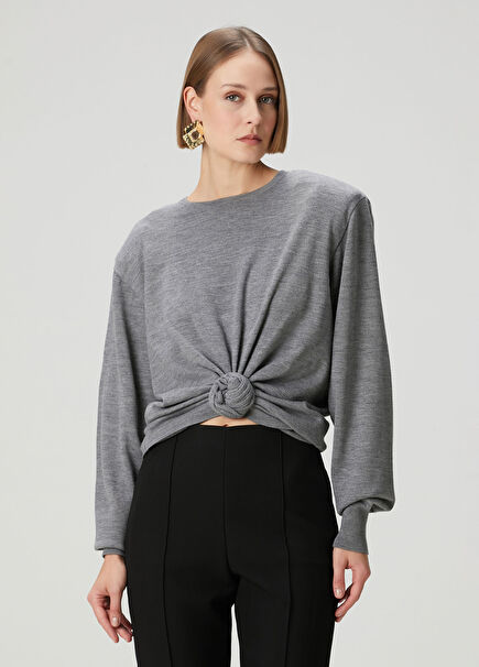 Grey Knot Detailed Wool Sweater