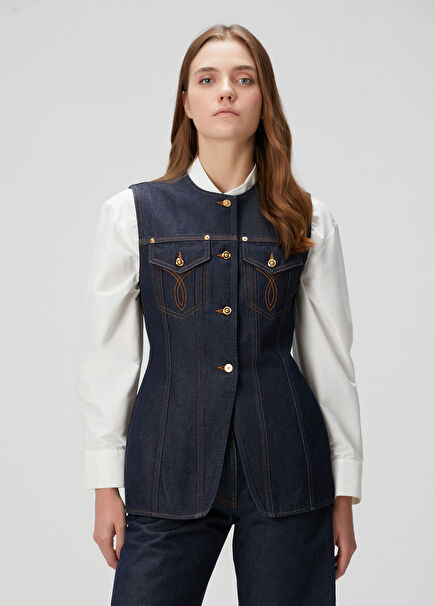 Fitted Lacivert Denim Yelek