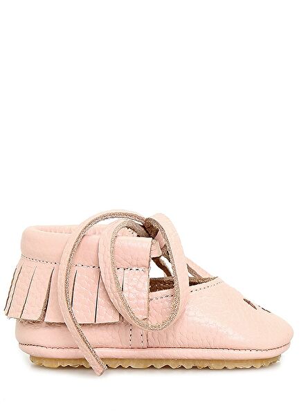 Pudra Püsküllü El Yapımı Kız Bebek Deri Ayakkabı