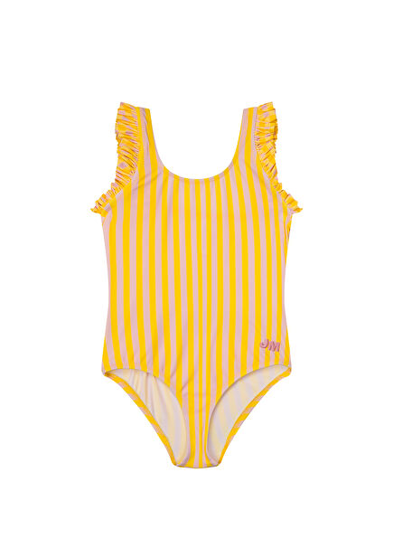 Yellow Light Pink Striped Girls' Swimsuit