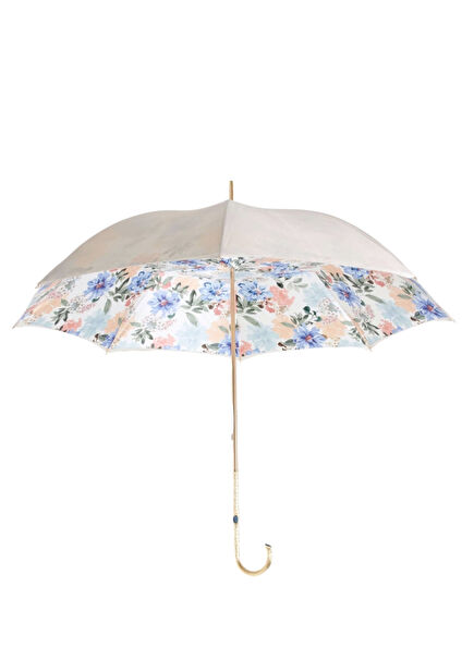 Fildişi Rengi Çiçekli Pirinç Saplı Şemsiye