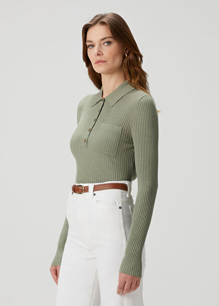 Green Wool Silk Polo Sweater
