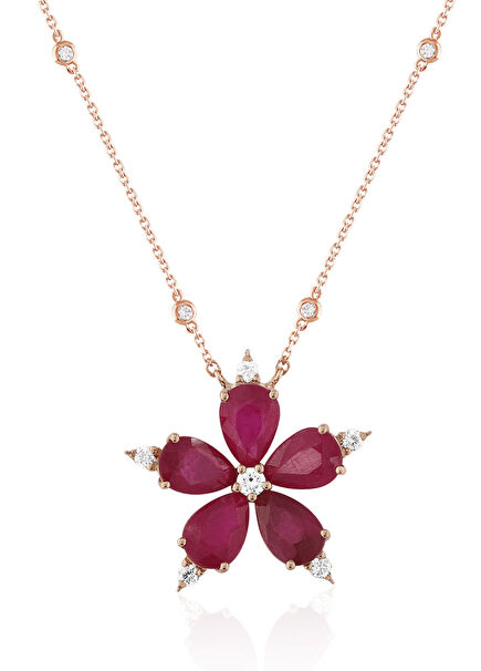 Çiçek 4,74 Karat Pırlantalı 14 Ayar Altın Yakut Kadın Kolye 