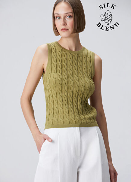 Oil Green Silk Blend Cable Knit Vest