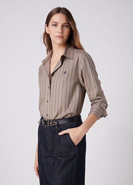Regular Fit Taupe Striped Shirt