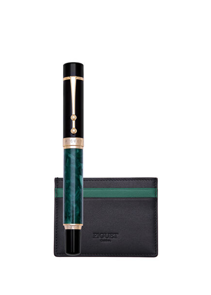 Taurus Marble Vert Rollerball Pen and Leather Card Holder Set