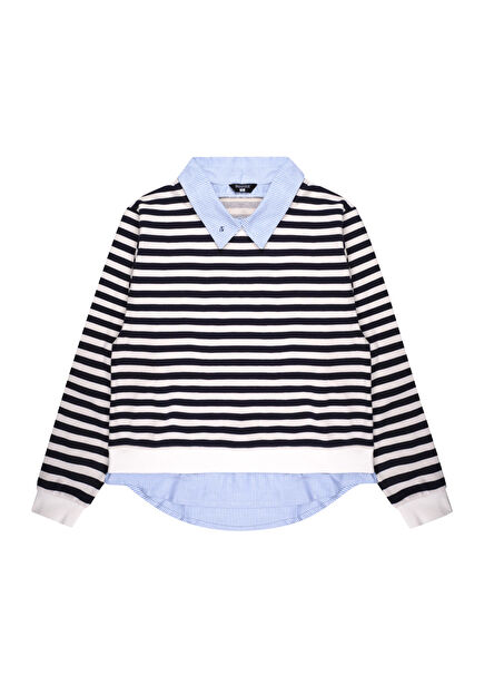 Lacivert Çizgili Gömlek Katmanlı Uzun Kollu Kadın Sweatshirt