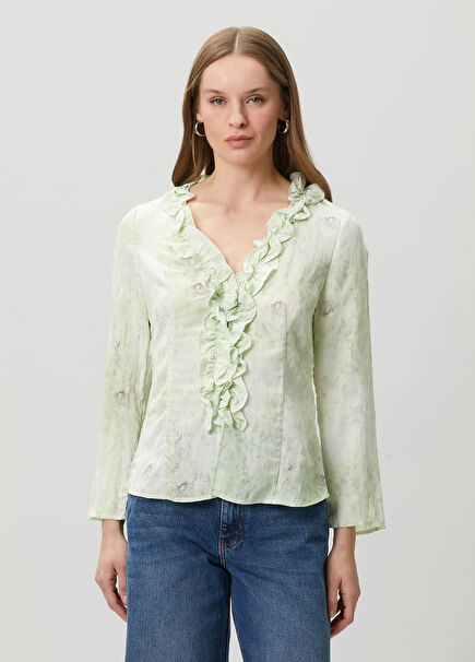 Majda Light Green Floral Ruffled Blouse