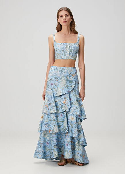 Shay Blue Floral Print Linen Maxi Skirt