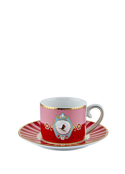 Love Birds Kırmızı Desenli Porselen Kahve Fincanı ve Tabağı