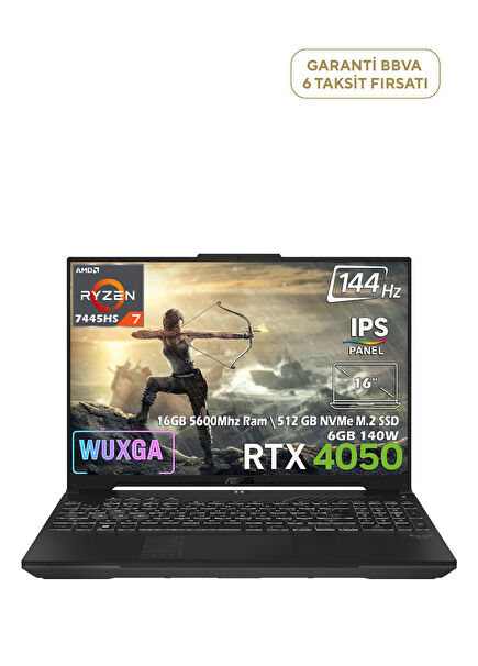 TUF Gaming AMD Ryzen 7 7445HS 16GB RAM 512GB SSD RTX 4050 6GB 16" FHD+ WUXGA 144Hz FreeDos Gaming Laptop A16 FA607NUG-RL125
