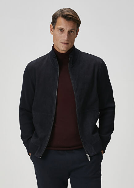 Koyu Lacivert Triko Garnili Süet Hybrid Mont