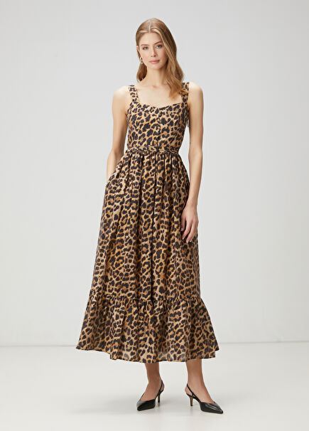 Kahverengi Leopar Desenli Midi Elbise