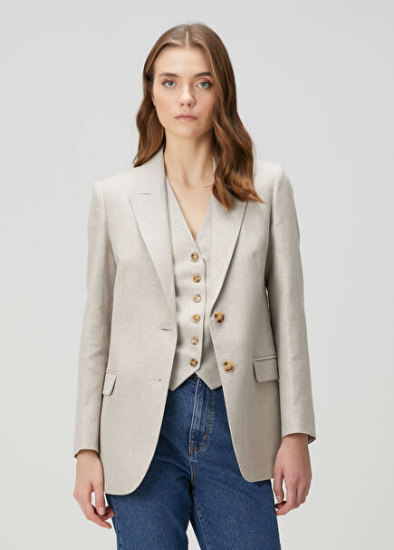Beige Patterned Linen Blazer